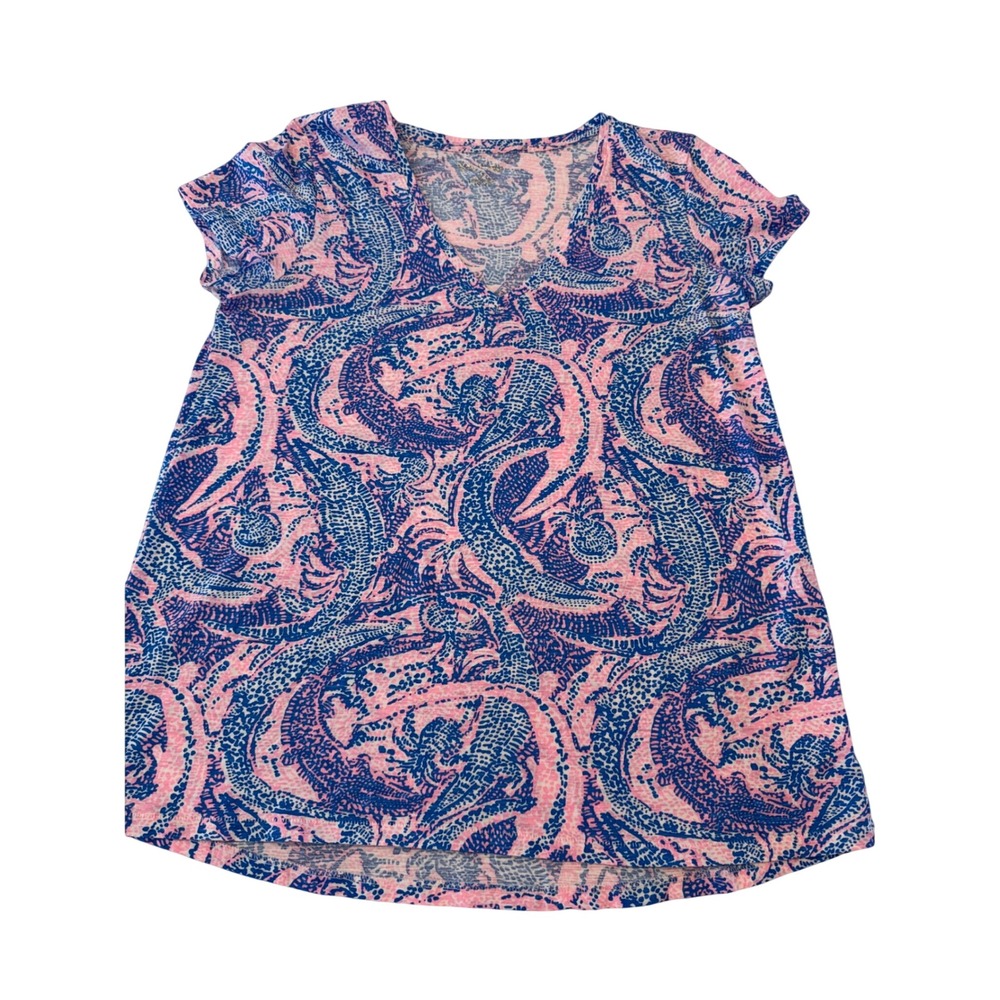 Lilly Pulitzer Pink Blue Alligator Paisley V-Neck Cotton Tee Shirt Womens Medium